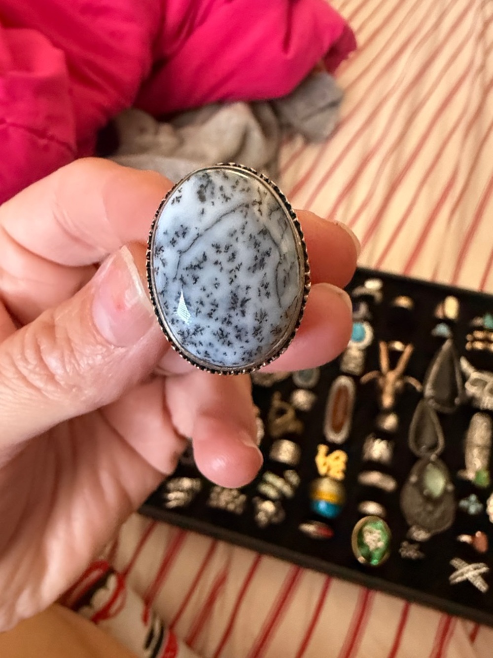 Dendritic Opal Oval Statement Ring - White and Black
